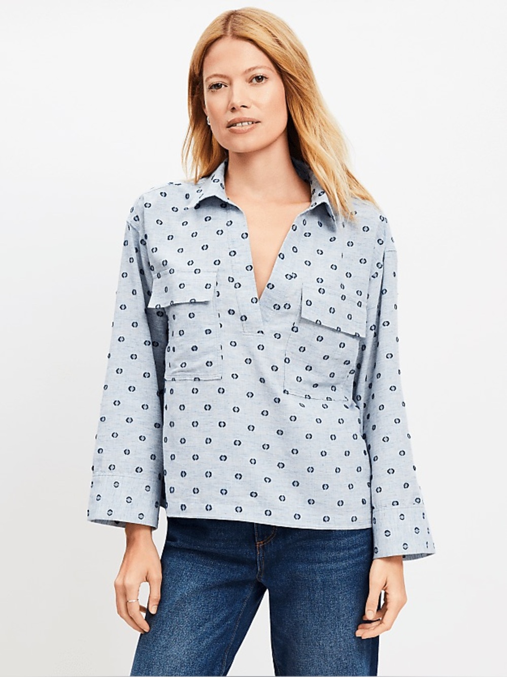 LOFT Metallic Clip V-Neck Pocket Popover Shirt in Grey Multi Melange